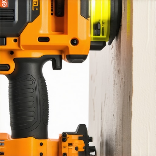 A drywall screw gun and laser level aiding in precise drywall installation