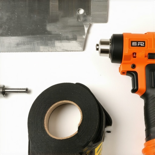 Close-up of high-quality drywall taping knife and screw gun on a professional workbench.