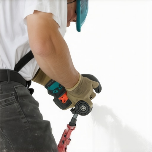 Drywall finishing tool in action Person smoothing drywall surface with a power sander during remodeling.