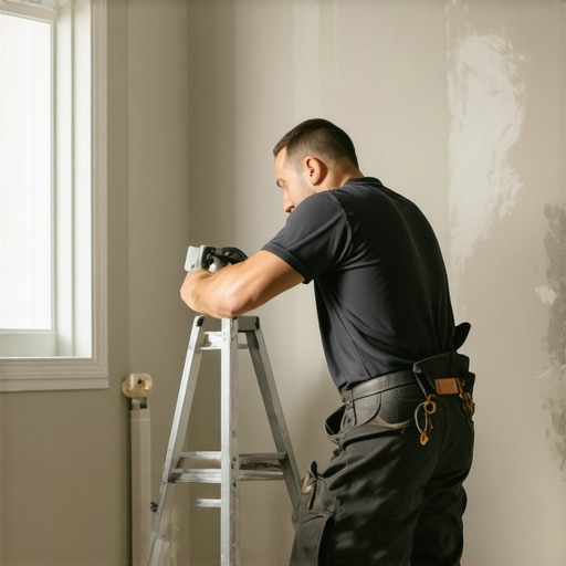 A painter sanding drywall to achieve a smooth surface for high-gloss paint application.