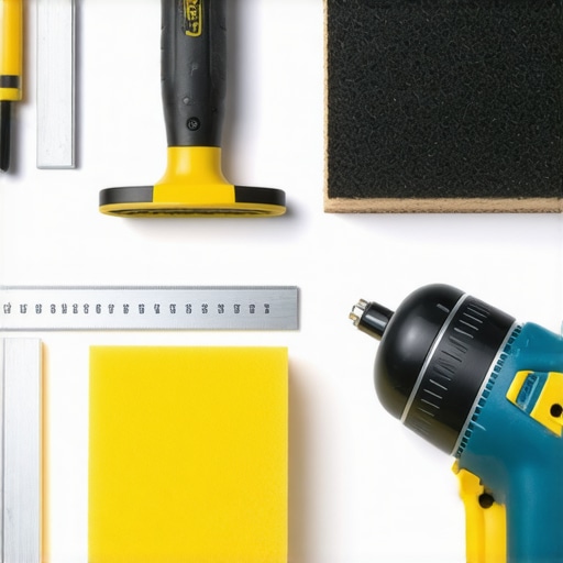 A set of professional drywall tools on a workbench ready for use in new construction or remodeling projects