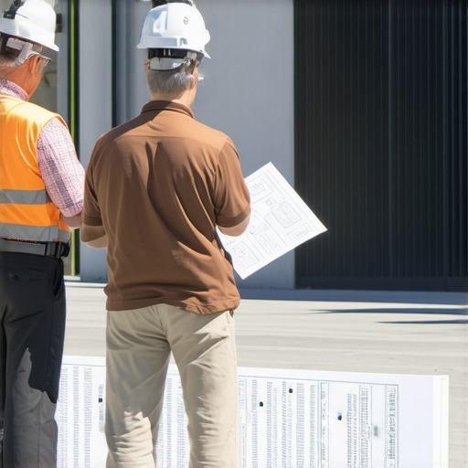 Architect and city planner discussing a detailed property site plan outdoors.