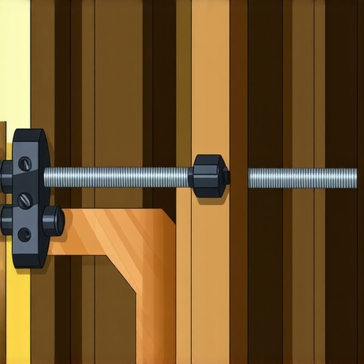 A construction worker straightening a bowed drywall stud with clamps and screws during framing.