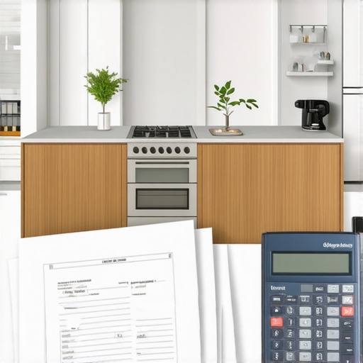 A set of detailed kitchen blueprints alongside permit papers and a calculator, representing planning for a remodel.