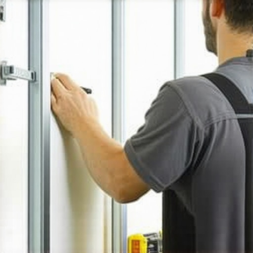 Person measuring and marking metal studs for basement wall framing