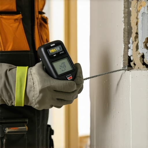 Technician testing drywall for moisture content with a digital meter
