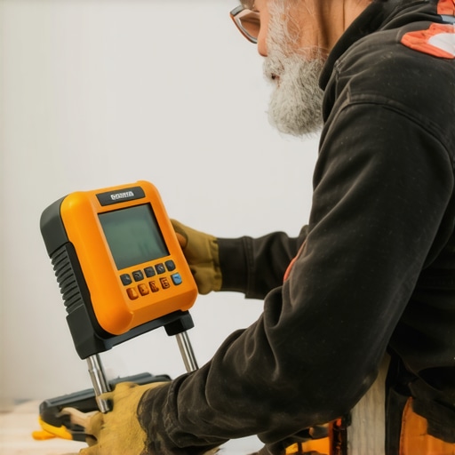Contractor measuring drywall with a digital level in a modern home