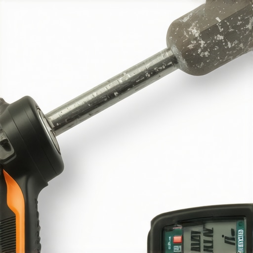 Close-up of drywall tools including a rotary mud mixer, corner-finishing tool, and moisture meter arranged on a workbench
