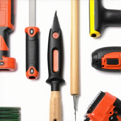 A set of high-quality drywall tools laid out for a remodeling job, showcasing a drywall lift, taping knives, and sanding poles.