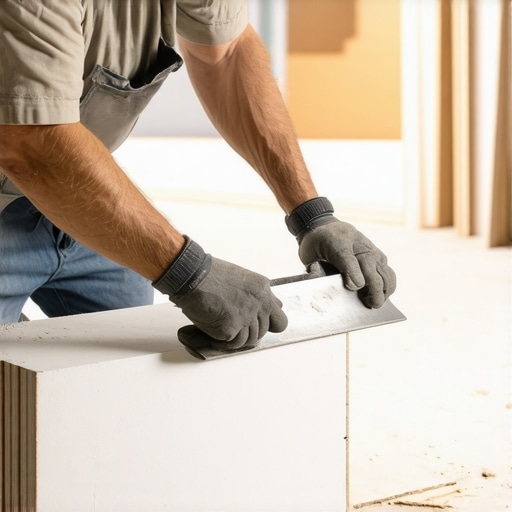 Close-up of a drywall professional applying joint compound with a taping knife