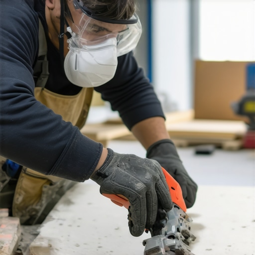 Worker in safety gear sanding drywall in a bright workshop