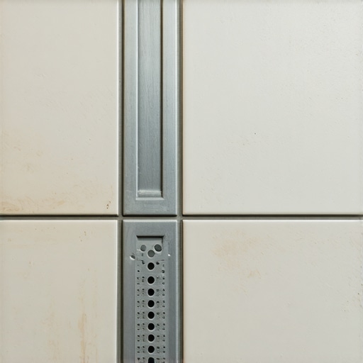 Detailed view of a slope-tiled shower floor with linear drain and waterproofing