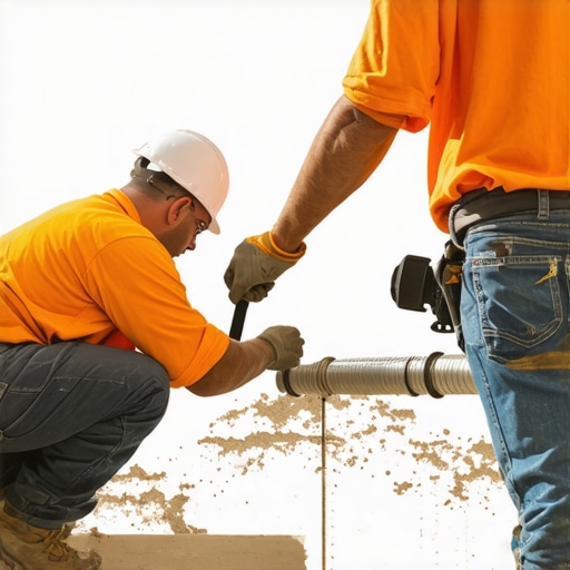 Worker installing vent pipe system for radon mitigation beneath a concrete slab