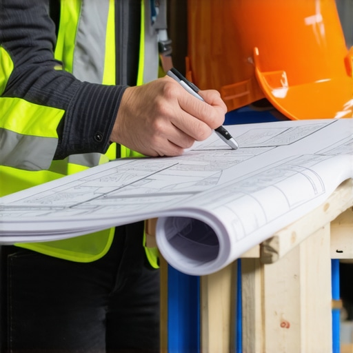 A close-up of a builder examining detailed construction blueprints and permits on a table