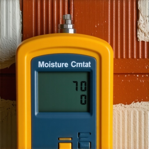 A hand holding a digital moisture meter against drywall to check for moisture levels