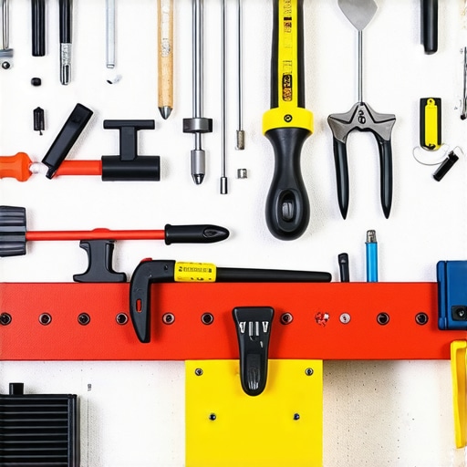 A neatly organized drywall workspace with labeled tools and equipment