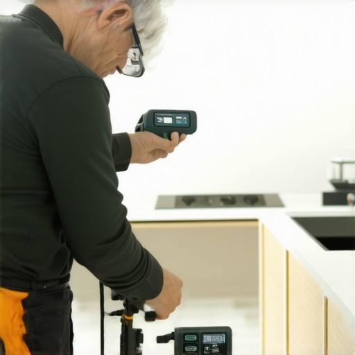 Homeowner using moisture meter and stud finder in kitchen renovation