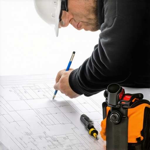 Construction worker studying a detailed truss layout blueprint on-site.
