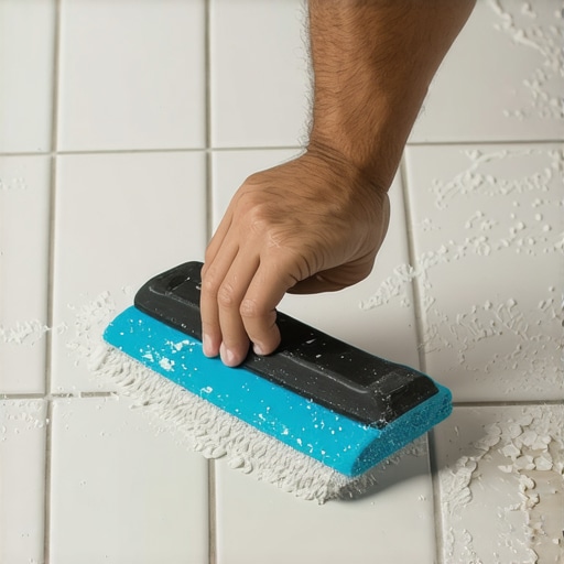 Person applying gray grout to tile joints using a rubber float in a bathroom