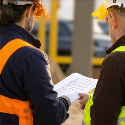 Contractor and inspector reviewing blueprints together at a construction site.