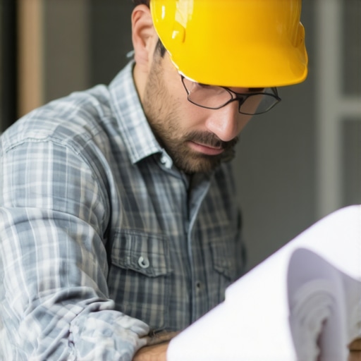 A contractor analyzing construction blueprints with drywall work visible in the background