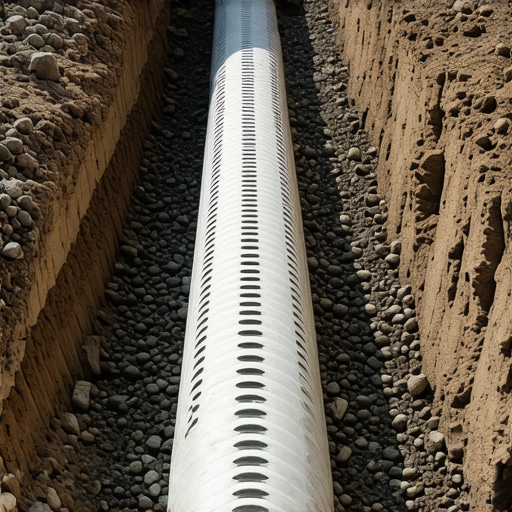 A worker installing a perforated drainage pipe in a gravel-filled trench around a house foundation.