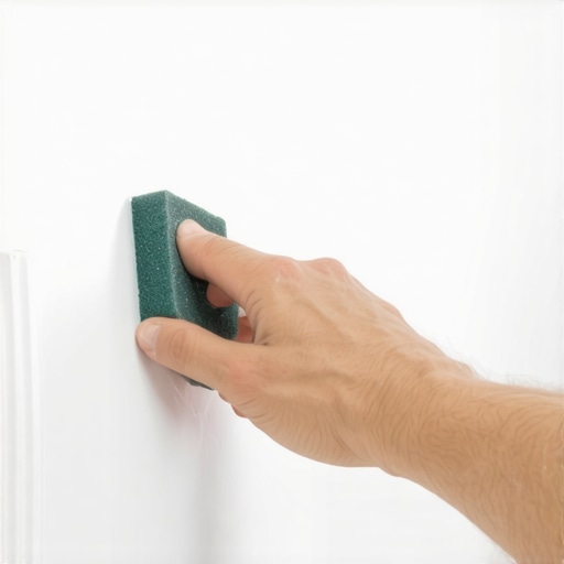 Person's hand sanding drywall surface in a cramped bathroom using a fine grit sponge.