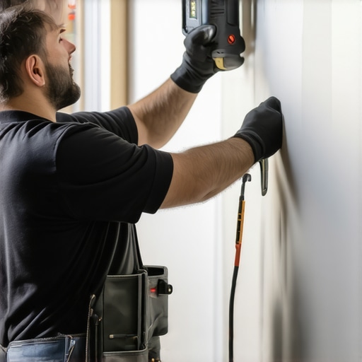 Technician using moisture meter to check drywall in a renovated home