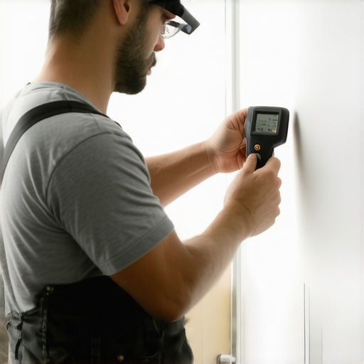 A person checking drywall with a moisture meter in a well-lit room.