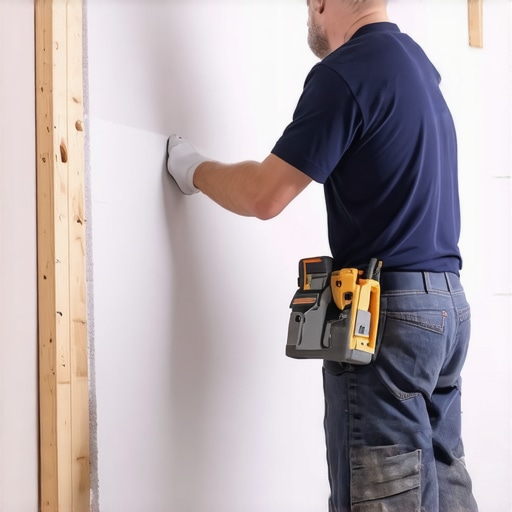 Worker installing drywall on a framed wall with level tools