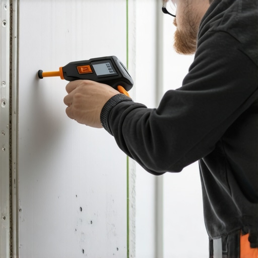 Professional using moisture meter and laser measurer to evaluate drywall condition
