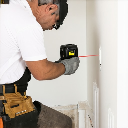 Homeowner checking drywall with a laser level during routine maintenance