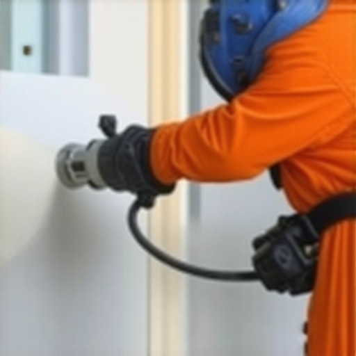 Professional drywall sander connected to a dust extraction system in a renovation setting