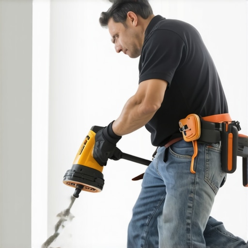 Close-up of a drywall sander with dust collection system being used on drywall wall.