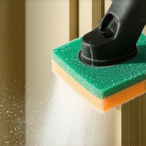 A worker smoothing drywall joints with a sanding sponge