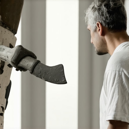 Close-up of drywall taper smoothing joint compound with a taping knife