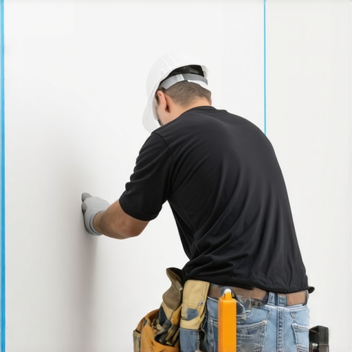 Contractor demonstrating drywall taping process with high-quality tools
