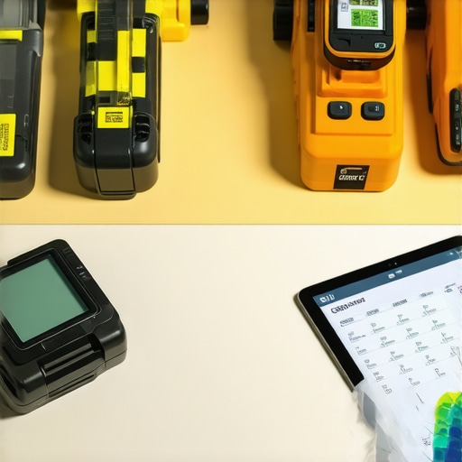 A collection of premium drywall tools, laser level, and digital project management device in a modern construction setup.