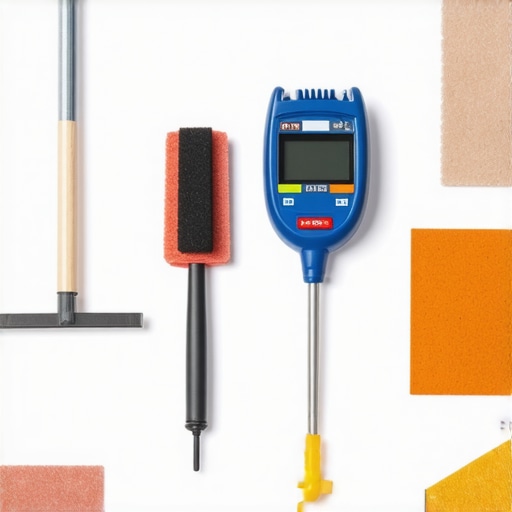 A collection of drywall repair tools like moisture meter and sander ready for maintenance work