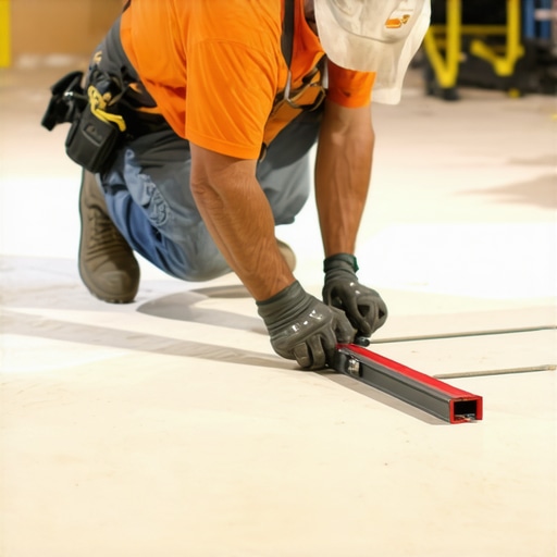 Worker leveling basement floor with shims and level tool