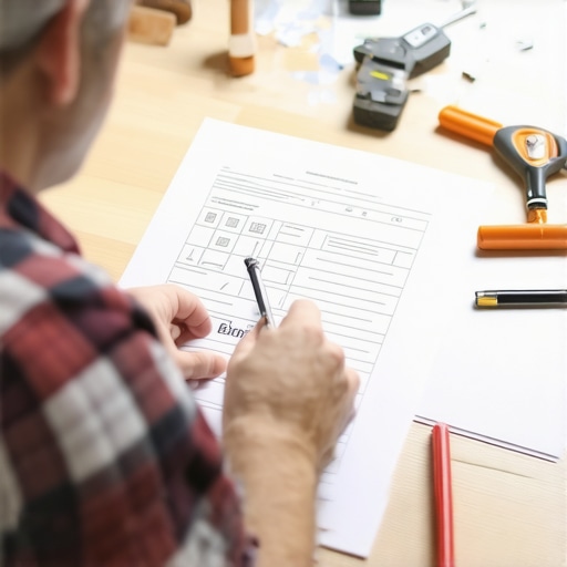 A person examining permit documents alongside drywall installation plans in a workshop setting