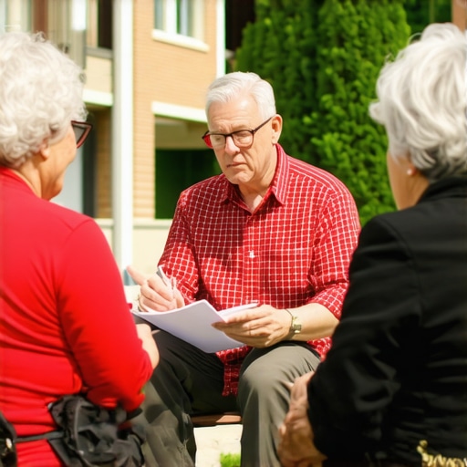 A homeowner engaging with city officials and neighbor to discuss property project permits.