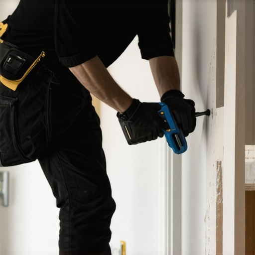 Technician tightening drywall screws with impact driver in renovation project