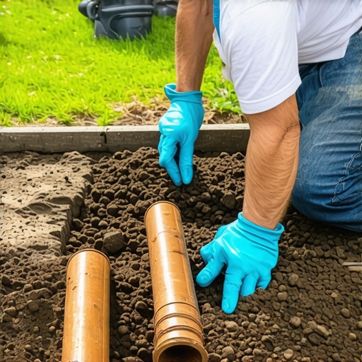 A person installing perforated drainage pipes with gravel in a backyard to improve property drainage.