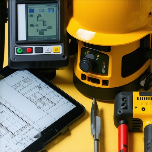 A setup of advanced construction tools including laser measure, power drills, and a tablet with project management software on a construction site.
