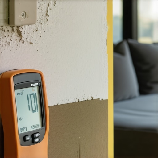 Detailed image showing a person using a moisture meter on drywall to check moisture levels