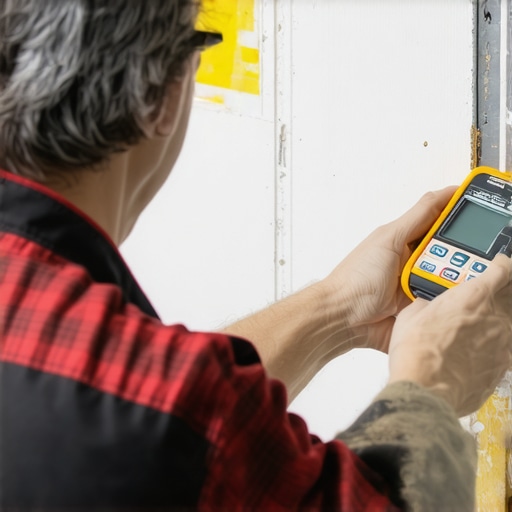 Technician checking drywall moisture levels with a digital moisture meter.
