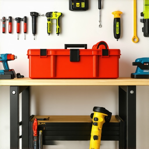 Organized Toolbox for Home Renovation A neatly arranged toolbox containing drills, levels, and safety gear on a workbench.