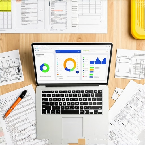 A desk with neatly arranged permit papers, blueprints, and a laptop showing project timeline