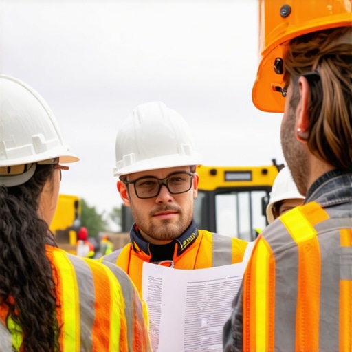 Construction professional analyzing permit documents during a site inspection